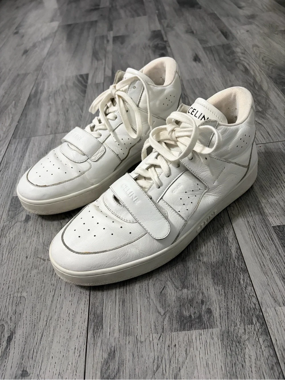 Celine CT-02 Mid Top White Leather Sneakers with Strap